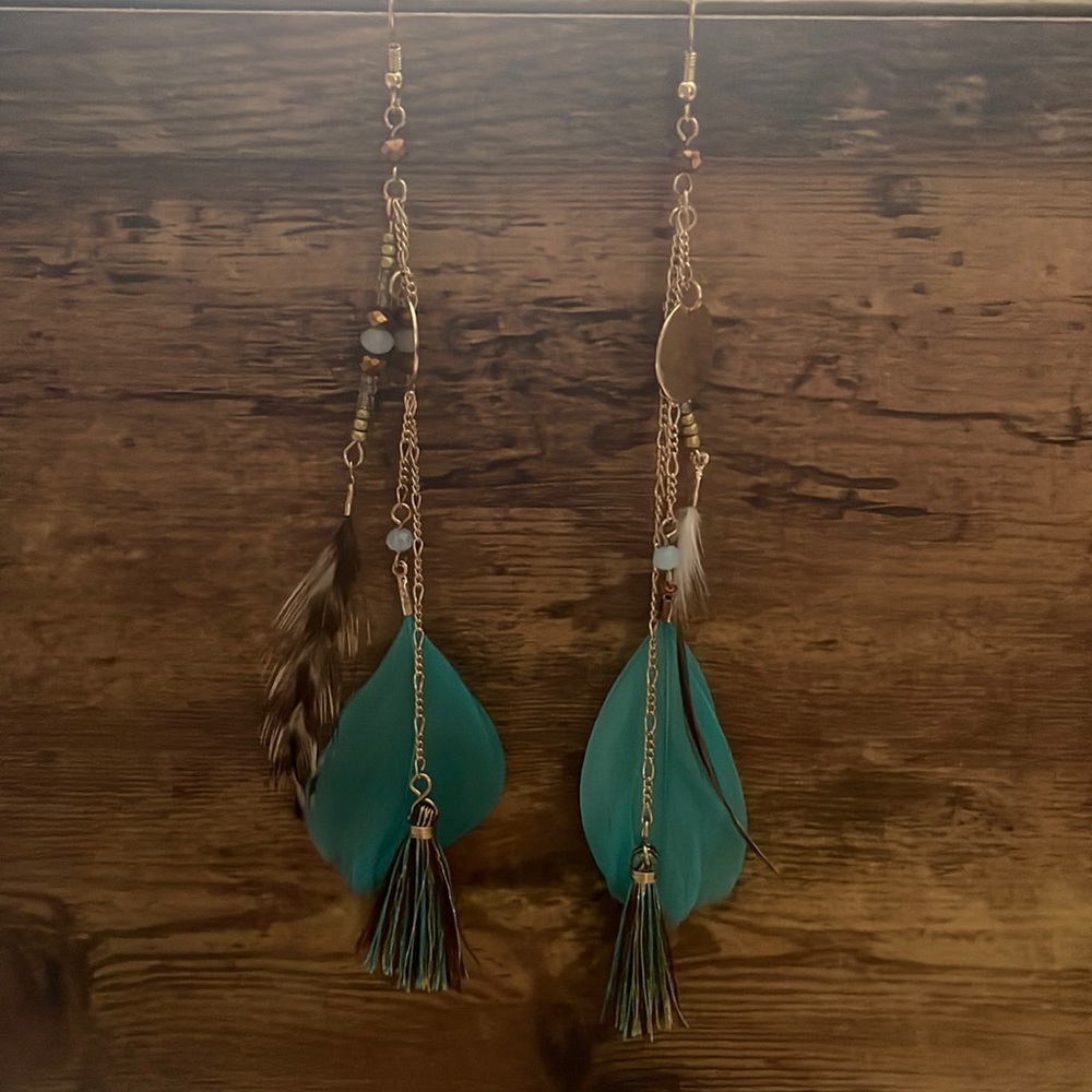 Feathered Hanging Earrings With Beading